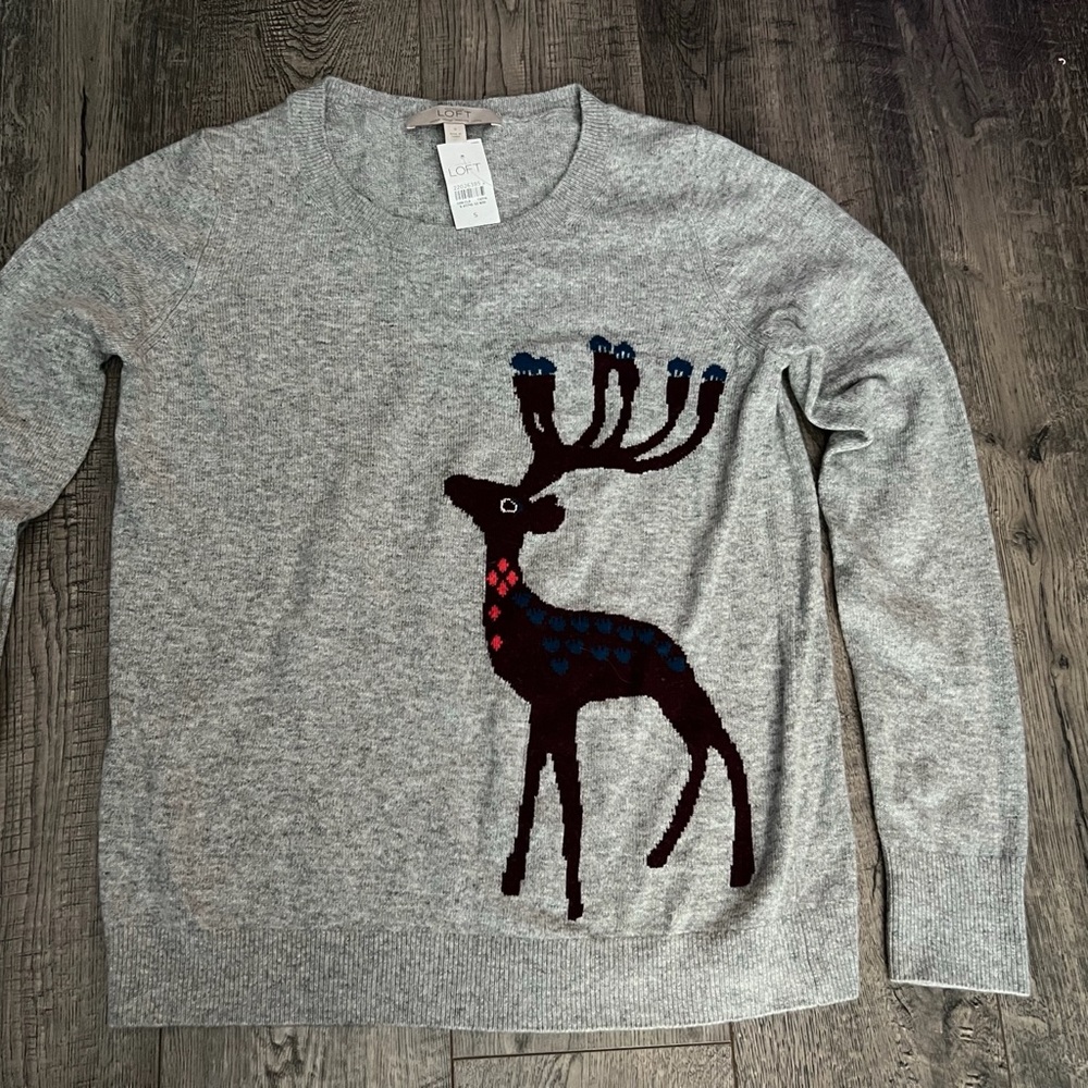 LOFT Gray Sweater with Reindeer Design